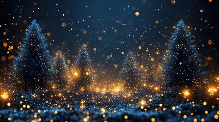 Wall Mural - christmas banner with blue and white trees, neon lights, golden circles, and bokeh on black backgrou