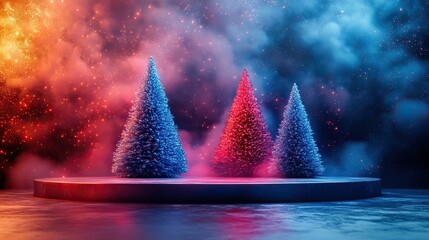 Wall Mural - christmas neon holographic pink, blue, purple 3d stage. crystal glass christmas trees, empty polygon