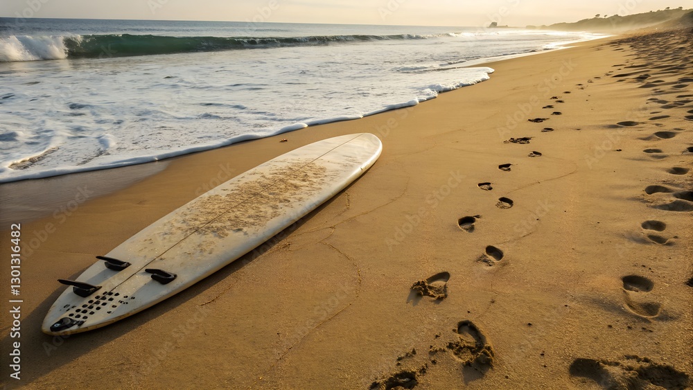 A surfboard on a pristine white sand beach with footprints and tire tracks leading towards the turquoise ocean.