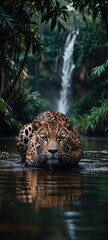 powerful jaguar stalking in jungle river with waterfall in background
