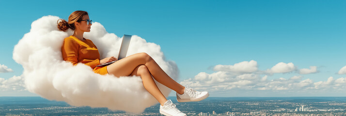 A software developer enjoys a serene moment working on a laptop while seated on a fluffy white cloud. Below stretches a stunning futuristic city, bathed in blue skies and soft clouds