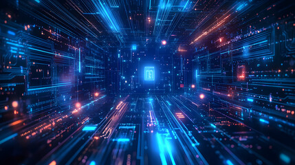 Wall Mural - neon glowing digital technology circuit board in computer. futuristic glowing bright blue color. abs