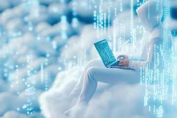 A software developer lounges on a fluffy white cloud, working on a laptop while immersed in a futuristic cityscape below, surrounded by vibrant flowing computer code in tones of blue