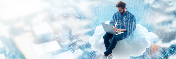 A software developer sits comfortably on a soft, white cloud, working on a laptop with a stunning view of a futuristic city below, surrounded by flowing lines of computer code and blue hues