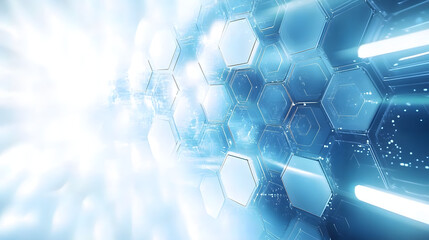 Wall Mural - modern 3d hexagonal technology abstract background features blue bright energy flashes under hexagon