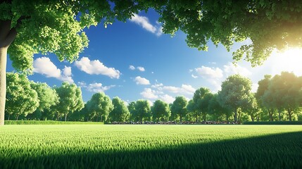 Poster - Idyllic Park Scene with Sunlit Green Trees Against a Clear Blue Sky and Playful Clouds : Generative AI