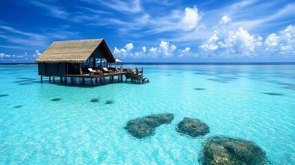 Poster - Beautiful waterfront retreat showcasing a rustic overwater bungalow amidst calm turquoise waters and enchanting skies : Generative AI