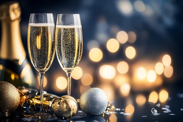Poster - Two elegantly filled champagne flutes with a bottle and sparkling decorations in a festive setting : Generative AI