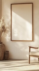 Poster - Bright elegant interior showcasing a wooden chair and an empty frame surrounded by natural decor under gentle sunlight : Generative AI