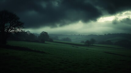 Poster - Dramatic landscape showcasing dark ominous clouds over green fields with silhouetted trees in the backdrop : Generative AI