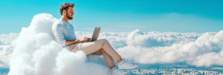 a serene software developer sits comfortably on a soft white cloud, focused on his laptop while a st