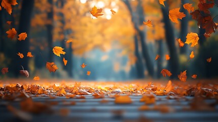 Poster - Beautiful scene of autumn leaves falling in a serene park with warm golden light filtering through trees : Generative AI