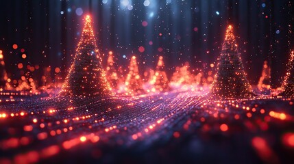Wall Mural - digital christmas trees with neon holographic glitches. cyberpunk, retro futurism background.
