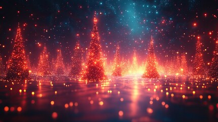 Wall Mural - digital christmas trees with neon holographic glitches. cyberpunk, retro futurism background.