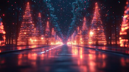 Wall Mural - digital christmas trees with neon lights and glitches. cyberpunk, retro futurism background.