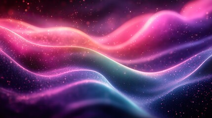 Wall Mural - digital glitch effect distorts a wavy background in purple, pink, and green, creating a futuristic, 