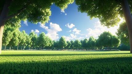 Poster - Lush Green Landscape with Tall Trees Under a Bright Blue Sky Full of Fluffy Clouds : Generative AI
