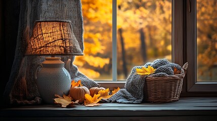Poster - Cozy Autumn Scene with Stylish Lamp and Colorful Leaves by Window Creating a Warm Ambiance : Generative AI