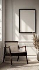 Aufkleber - Stylish modern chair with a minimalistic design set against a bright room featuring an empty frame and dried foliage : Generative AI