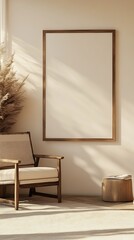 Poster - Chic modern living space featuring a cozy chair and an empty frame illuminated by soft natural sunlight and decor elements : Generative AI