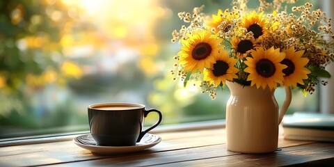 Poster - Sophisticated Coffee Experience with a Dark Cup and Vibrant Sunflower Arrangement Against a Warm Background : Generative AI