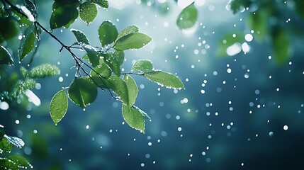 Poster - Glittering Raindrops on Fresh Green Leaves Bathed in Soft Natural Light : Generative AI