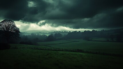 Poster - Ethereal view of rolling hills under dark clouds with lush green fields and a solitary tree in the distance : Generative AI