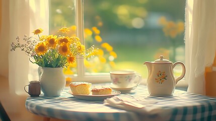 Poster - Charming Coffee and Cake Setup with Sunflowers on a Sunny Table : Generative AI