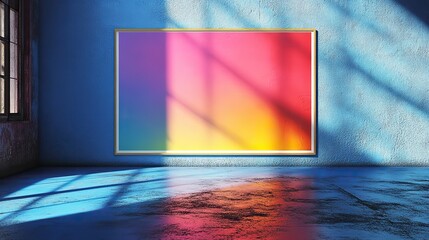 Wall Mural - empty white rectangle poster mockup with rainbow light refraction effect on a dark blue background.