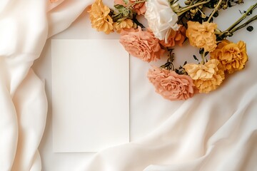 Poster - Vibrant flowers scattered around a blank card on soft fabric creating a tranquil design atmosphere : Generative AI
