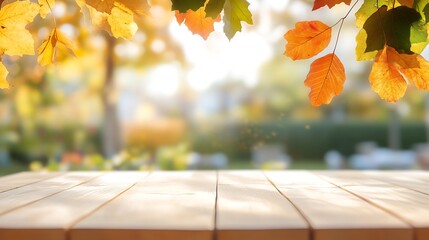 Poster - Beautiful Autumn Leaves Hanging Over a Wooden Table in a Soft Blurred Outdoor Background : Generative AI