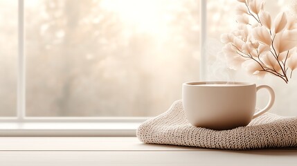 Poster - Serene cup of hot beverage with flower arrangement in soft lighting beside a window : Generative AI