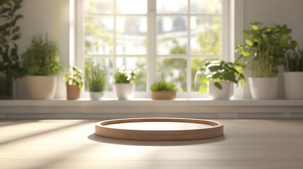 Poster - Warm and inviting kitchen with green plants and soft light pouring through the window onto a wooden tray : Generative AI
