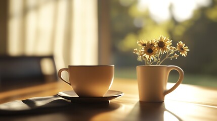 Poster - Two cups of coffee on a rustic wooden table with flowers alongside in warm morning light : Generative AI