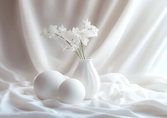 Poster - Minimalist display of white pottery and delicate flowers on plush fabric backdrop : Generative AI