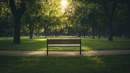 Aufkleber - Serene park scene with a wooden bench surrounded by lush greenery and sunlight filtering through trees : Generative AI