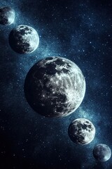 Wall Mural - Multiple moons floating in deep space with glowing craters and a cosmic starry background in a surreal celestial scene