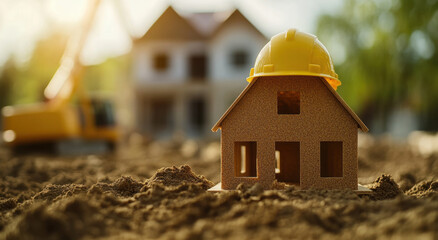 A small house model sits on the ground, topped with a yellow helmet, surrounded by dirt and construction equipment in the background