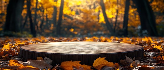 Poster - Scenic forest landscape with vibrant autumn leaves surrounding a wooden platform : Generative AI