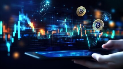 Poster - High tech representation of cryptocurrency trading with Bitcoin coins on a digital interface : Generative AI