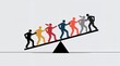 © AI by Derek - Group of stylized figures representing teamwork and collaboration climbing a seesaw-like structure, embodying the struggle for balance between leadership and support in a workplace environment.