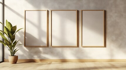 Aufkleber - Modern Minimalist Room with Three Blank Picture Frames and Abundant Natural Light : Generative AI