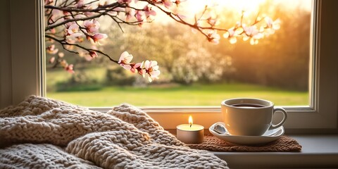 Poster - Cozy Spring Morning View with Coffee Candle and Blossoms from the Window : Generative AI