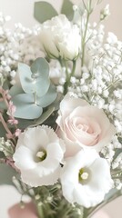 Poster - Elegant Bouquet of Fresh Flowers Featuring Roses and Delicate Baby's Breath in Soft Natural Light : Generative AI