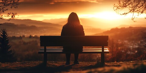 Poster - A silhouette of a woman sitting alone on a bench enjoying a stunning sunset view over mountains : Generative AI
