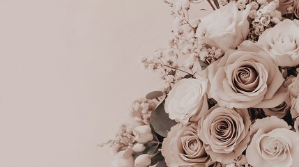 Poster - Beautiful arrangement of soft pink roses and delicate flowers on a light pastel background : Generative AI