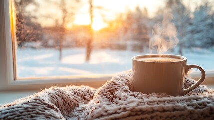 Poster - Warm steaming cup of coffee resting on cozy knitted blanket by window with winter scene in background : Generative AI