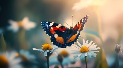 Aufkleber - Colorful Butterfly Perched on Daisy Flowers in a Softly Lit Garden Setting : Generative AI