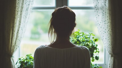 Poster - Thoughtful Woman Looking Out of Window Surrounded by Plants in a Cozy Indoor Setting : Generative AI