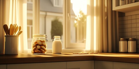 Poster - Warm Sunlight Illuminating A Jar Of Cookies And A Bottle Of Milk On A Kitchen Table By A Window : Generative AI